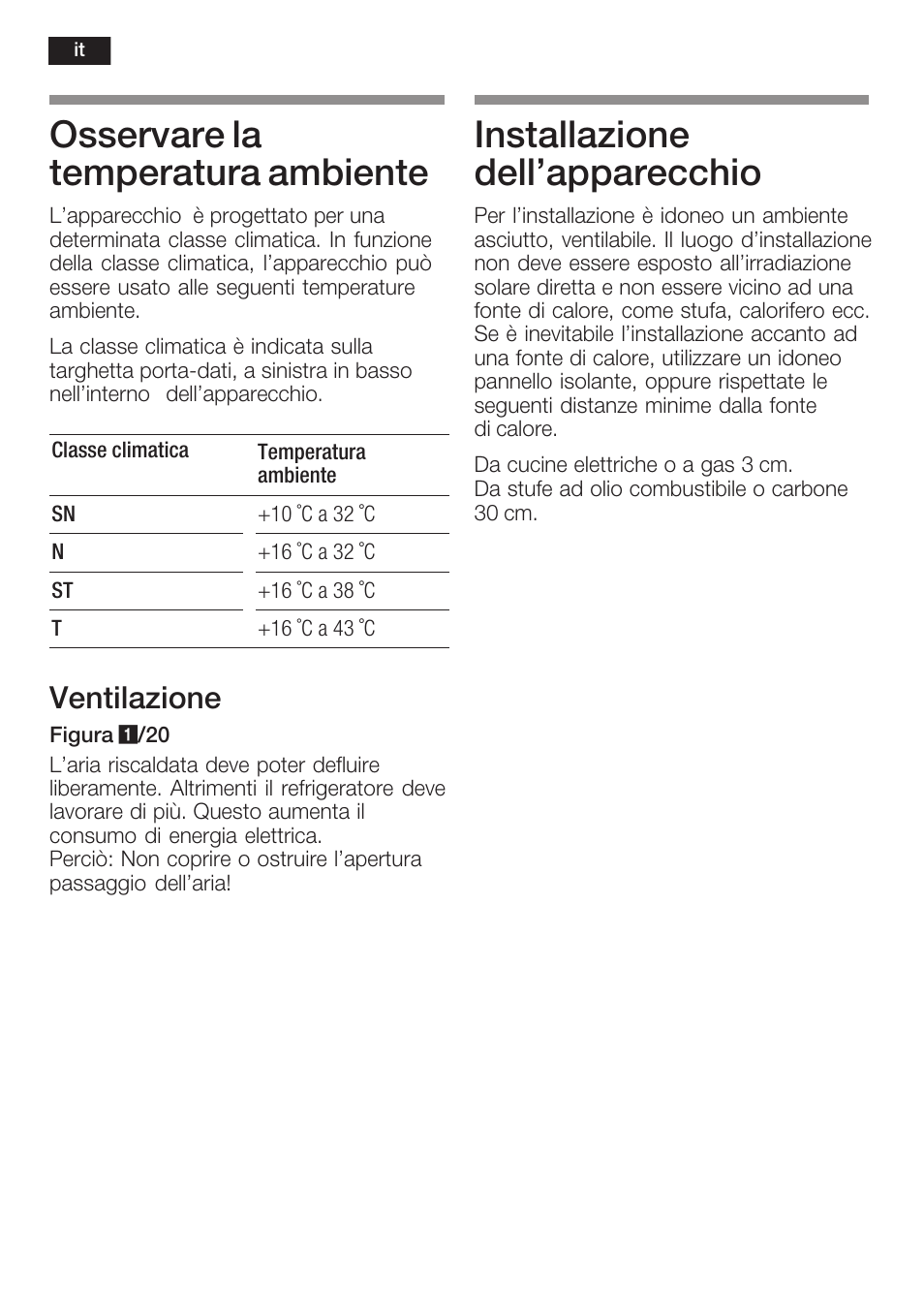 Osservare la temperatura ambiente, Installazione dell'apparecchio, Ventilazione | Neff K8125X0  EU User Manual | Page 66 / 105