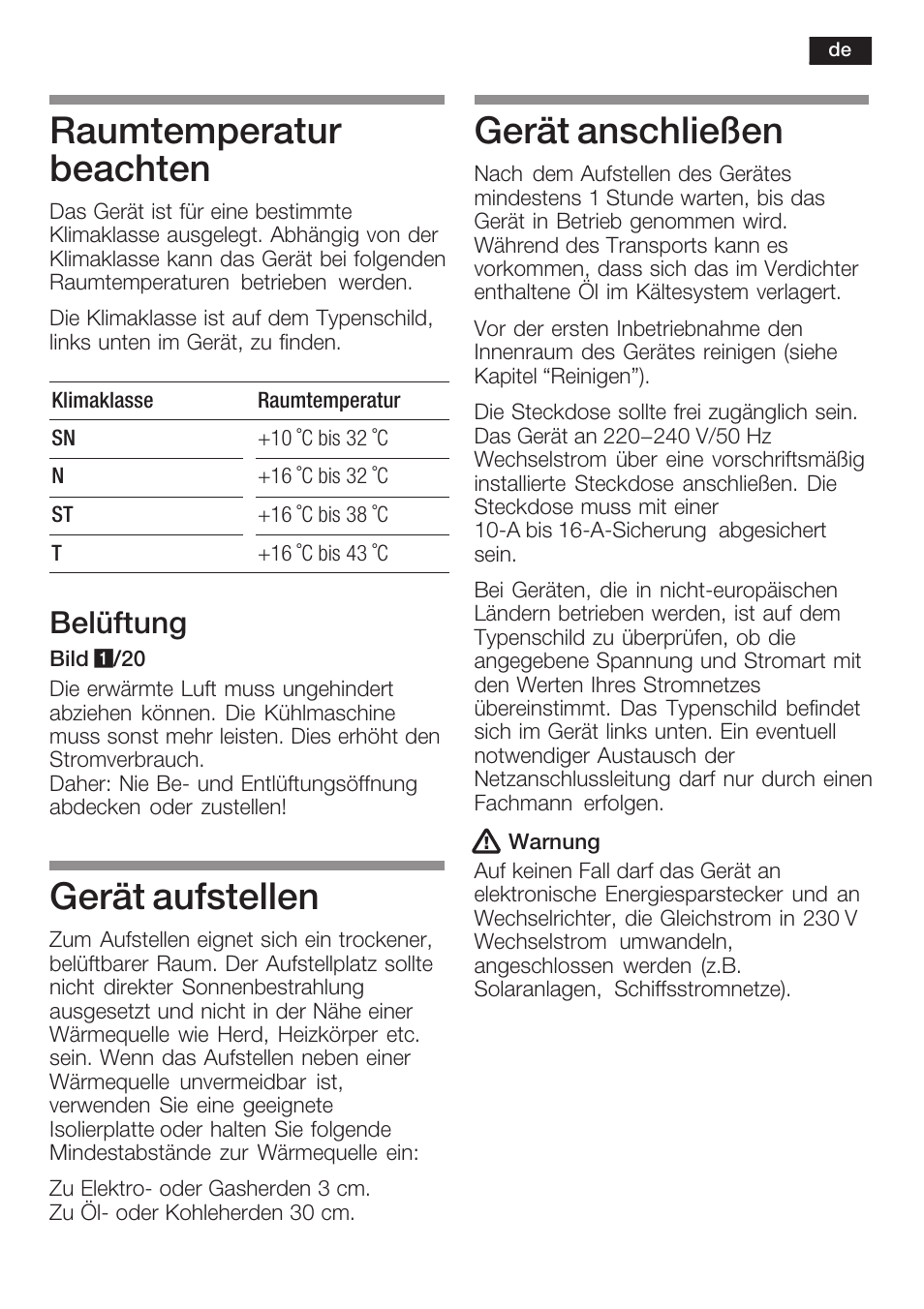 Raumtemperatur beachten, Gerät aufstellen, Gerät anschließen | Belüftung | Neff K8125X0  EU User Manual | Page 9 / 105