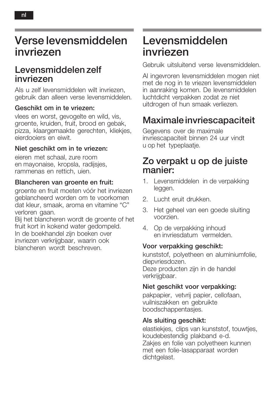 Verse levensmiddelen invriezen, Levensmiddelen invriezen, Levensmiddelen zelf invriezen | Maximale invriescapaciteit, Zo verpakt u op de juiste manier | Neff K8125X0  EU User Manual | Page 92 / 105