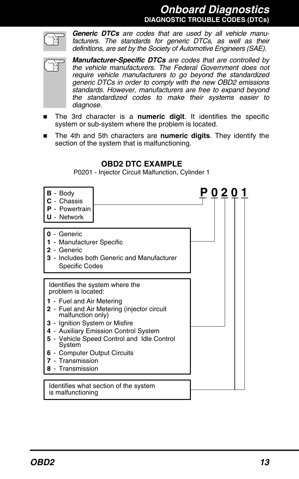 P 0 2 0 1, Onboard diagnostics, Obd2 13 | Obd2 dtc example | Equus 3040 - OBD2 ScanTool User Manual | Page 15 / 52