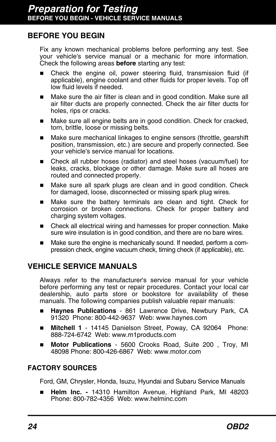 Before you begin, 24 vehicle service manuals, Preparation for testing | 24 obd2, Vehicle service manuals | Equus 3040 - OBD2 ScanTool User Manual | Page 26 / 52