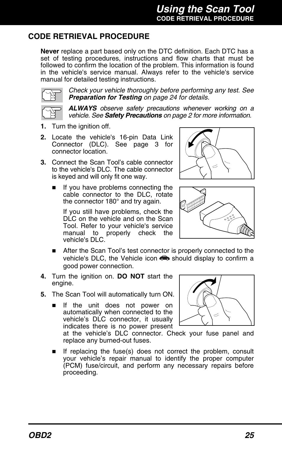 Code retrieval procedure, Using the scan tool, Obd2 25 | Equus 3040 - OBD2 ScanTool User Manual | Page 27 / 52