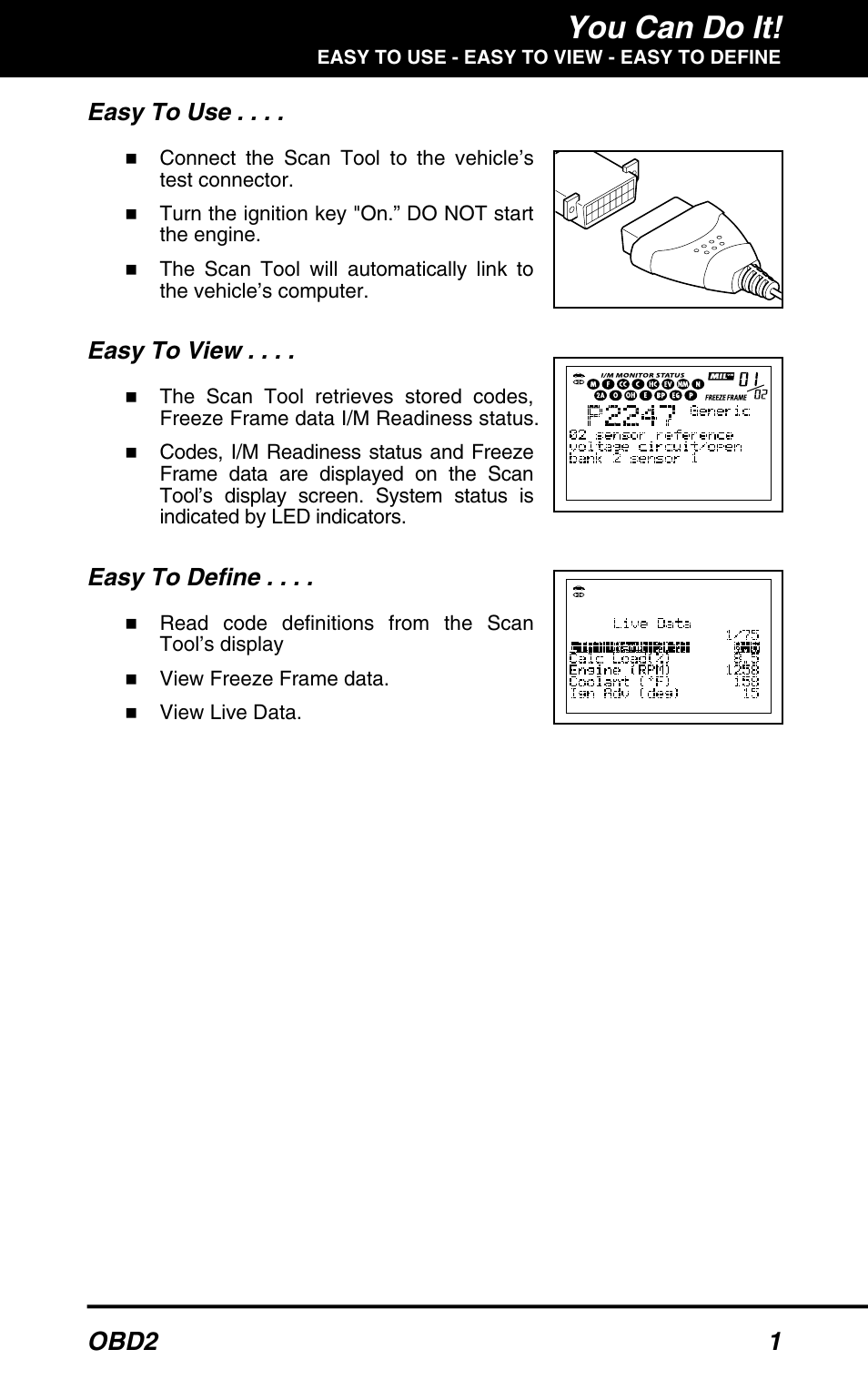 You can do it, Obd2 1, Easy to use | Easy to view, Easy to define | Equus 3040 - OBD2 ScanTool User Manual | Page 3 / 52