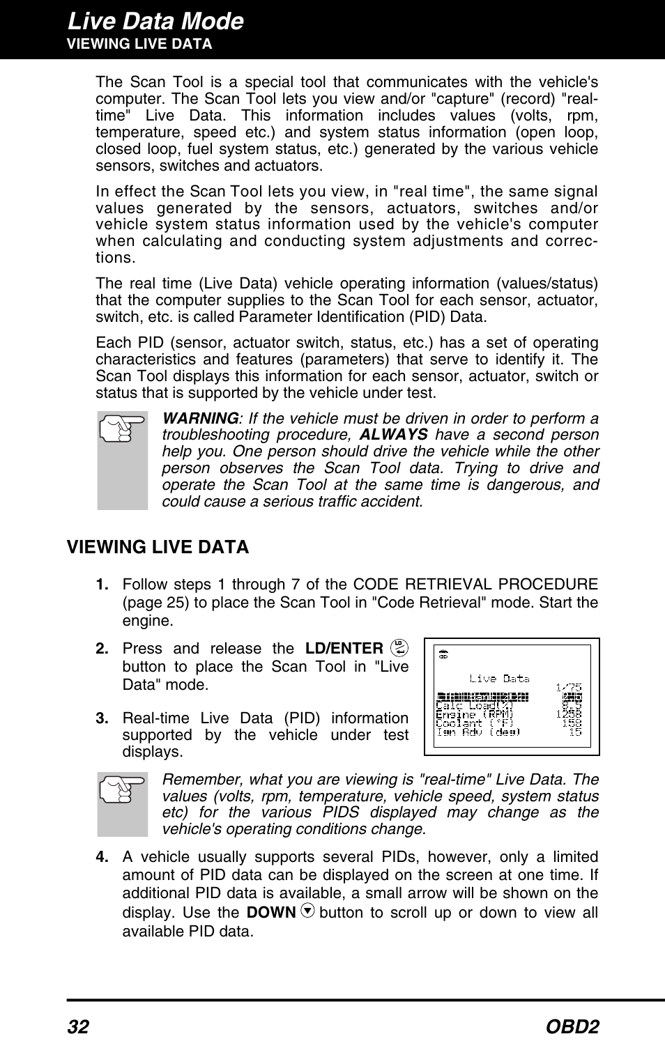 Viewing live data, Live data mode, 32 obd2 | Equus 3040 - OBD2 ScanTool User Manual | Page 34 / 52