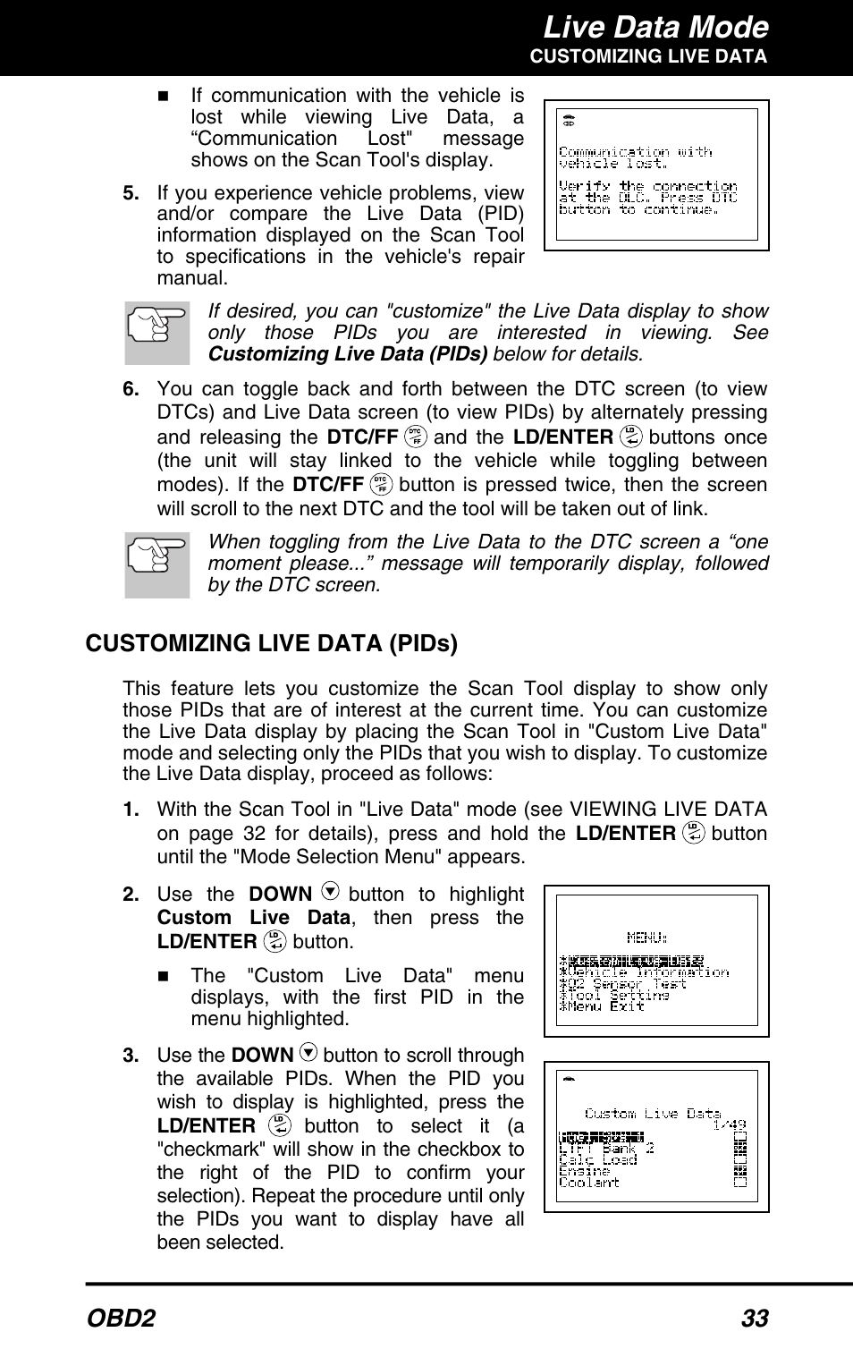 Customizing live data (pids), Live data mode, Obd2 33 | Equus 3040 - OBD2 ScanTool User Manual | Page 35 / 52