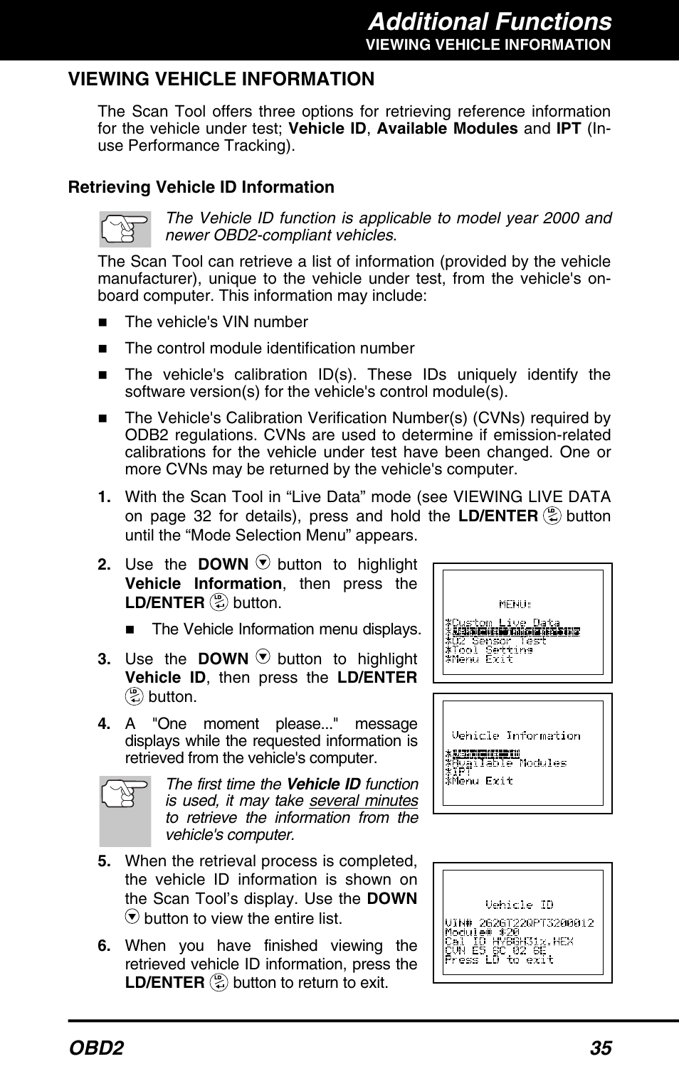 Viewing vehicle information, Additional functions, Obd2 35 | Equus 3040 - OBD2 ScanTool User Manual | Page 37 / 52
