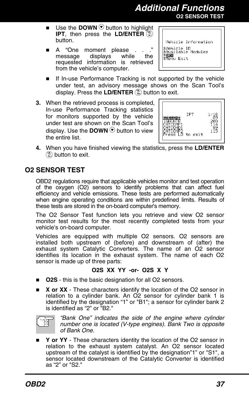 O2 sensor test, Additional functions, Obd2 37 | Equus 3040 - OBD2 ScanTool User Manual | Page 39 / 52