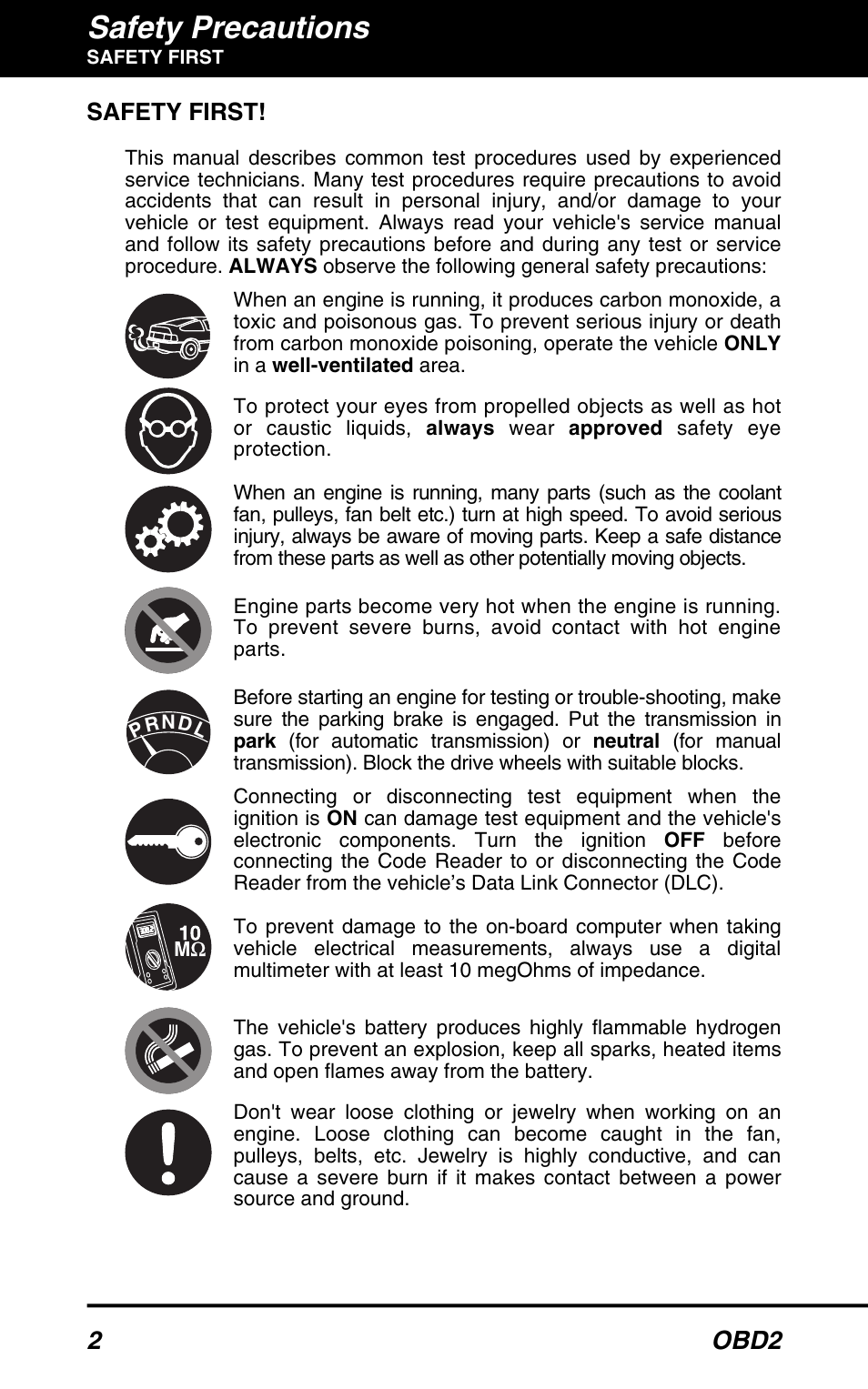 Safety first, Safety precautions, 2 obd2 | Equus 3040 - OBD2 ScanTool User Manual | Page 4 / 52