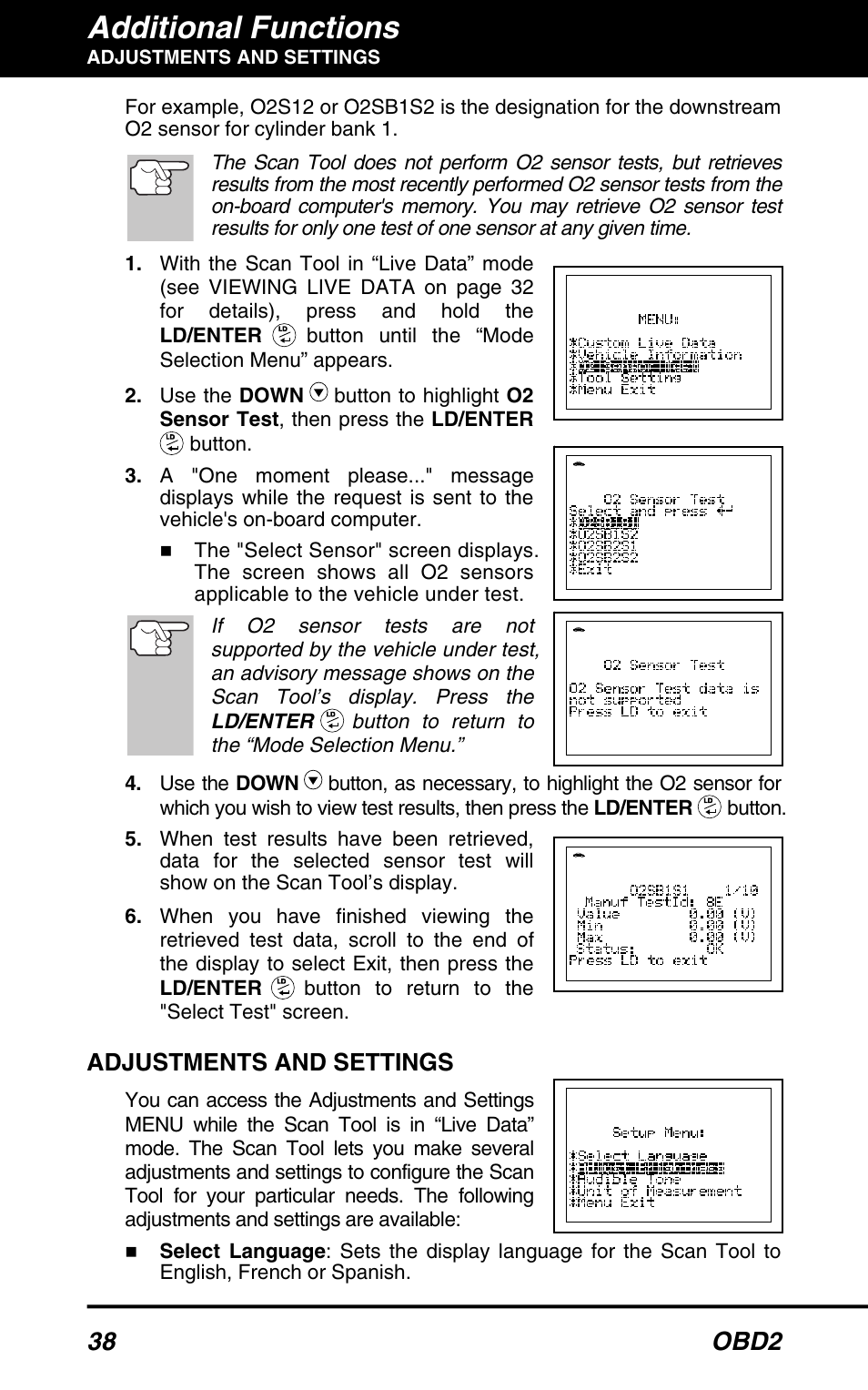 Adjustments and settings, Additional functions, 38 obd2 | Equus 3040 - OBD2 ScanTool User Manual | Page 40 / 52