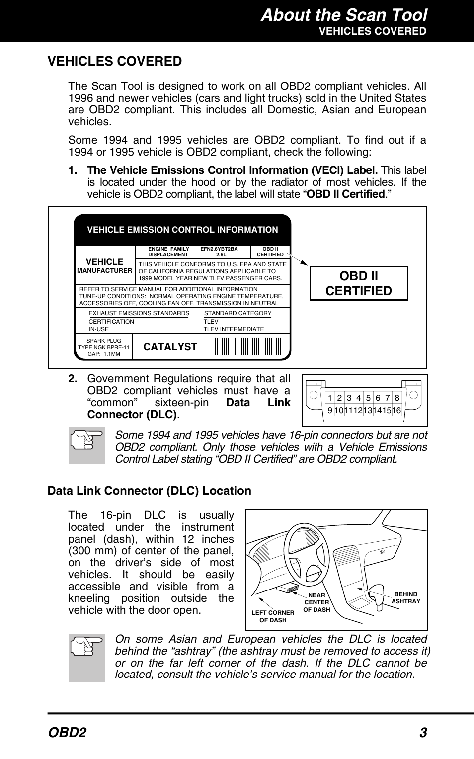 Vehicles covered, About the scan tool, Obd2 3 | Obd ii certified, Data link connector (dlc) location | Equus 3040 - OBD2 ScanTool User Manual | Page 5 / 52