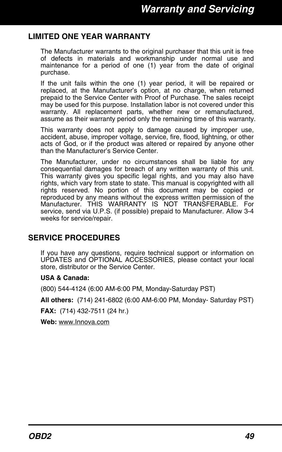 Limited one year warranty, 49 service procedures, Warranty and servicing | Obd2 49, Service procedures | Equus 3040 - OBD2 ScanTool User Manual | Page 51 / 52