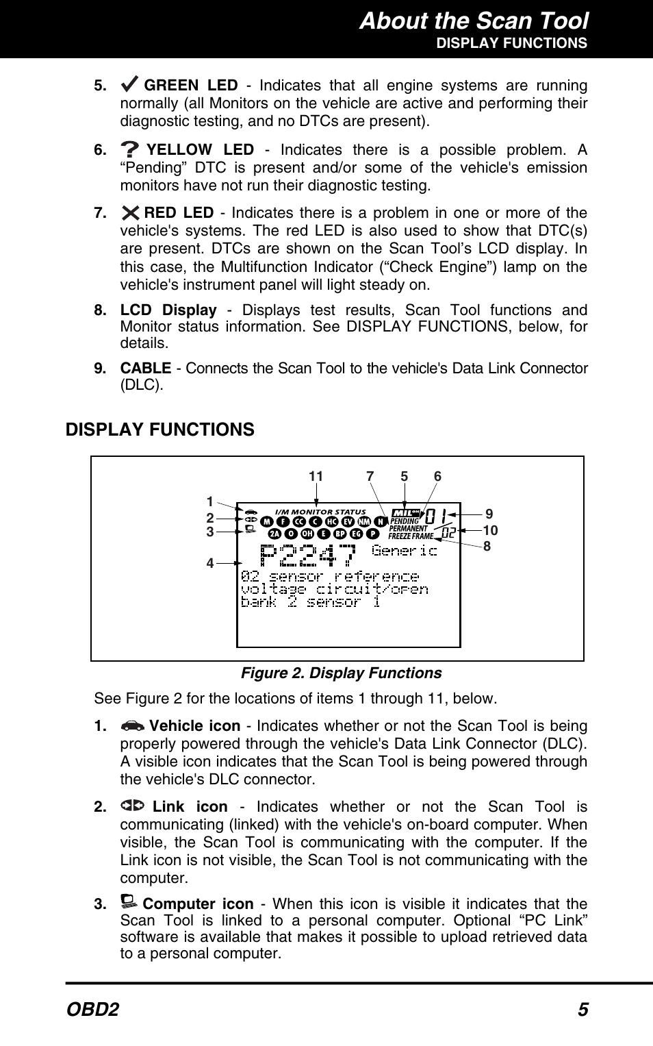 Display functions, About the scan tool, Obd2 5 | Equus 3040 - OBD2 ScanTool User Manual | Page 7 / 52