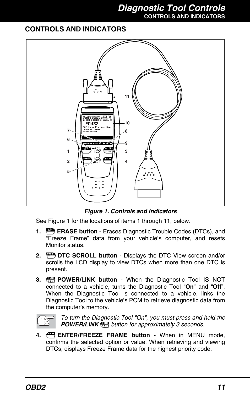 Controls and indicators, Diagnostic tool controls, Obd2 11 | Equus 3100 - CanOBD2 Diagnostic Tool User Manual | Page 13 / 64