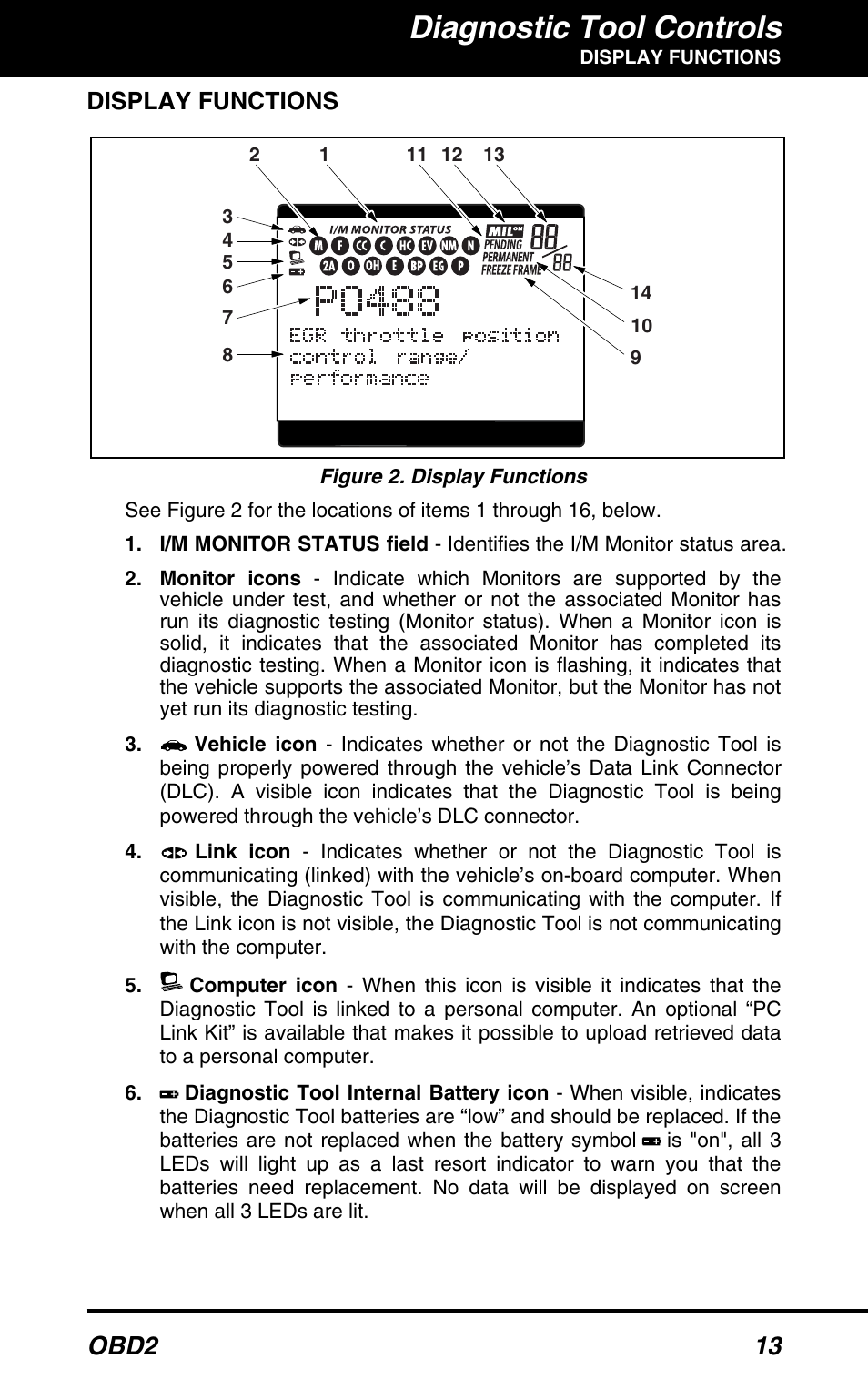 Display functions, Diagnostic tool controls, Obd2 13 | Equus 3100 - CanOBD2 Diagnostic Tool User Manual | Page 15 / 64