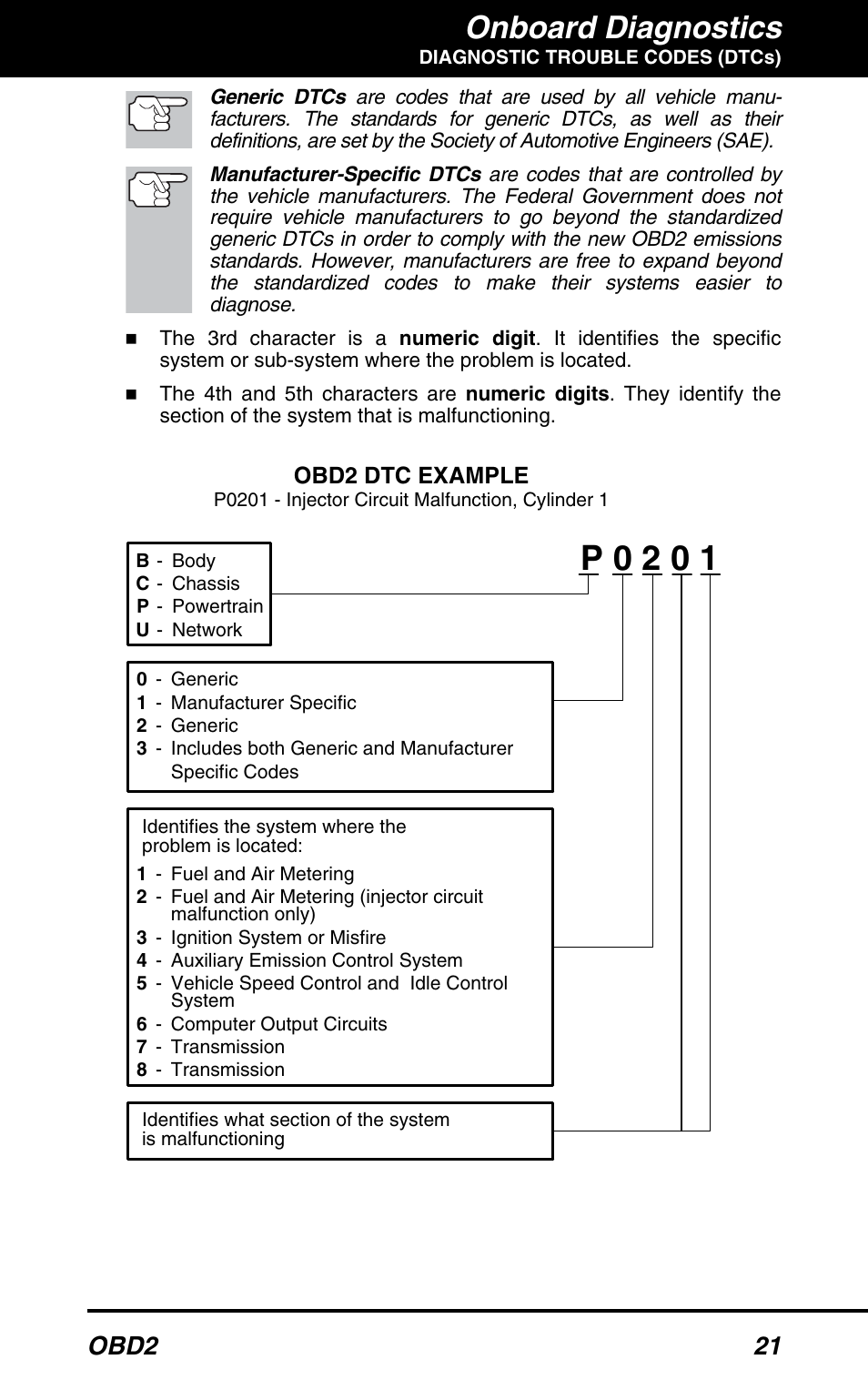 P 0 2 0 1, Onboard diagnostics, Obd2 21 | Obd2 dtc example | Equus 3100 - CanOBD2 Diagnostic Tool User Manual | Page 23 / 64