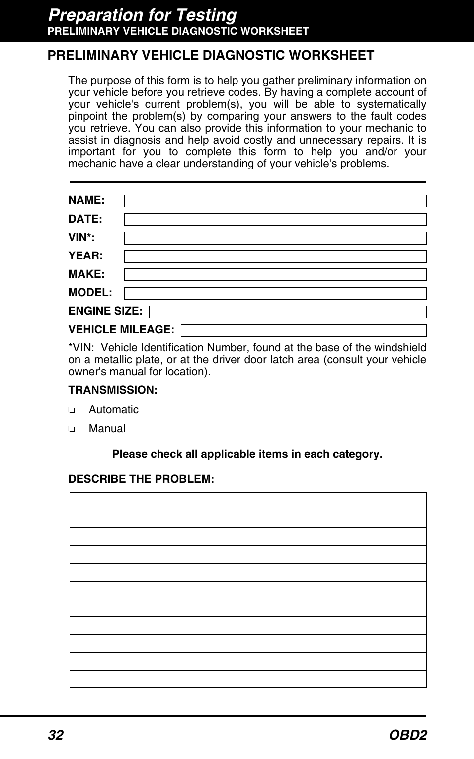 Preliminary vehicle diagnostic worksheet, Preparation for testing, 32 obd2 | Equus 3100 - CanOBD2 Diagnostic Tool User Manual | Page 34 / 64