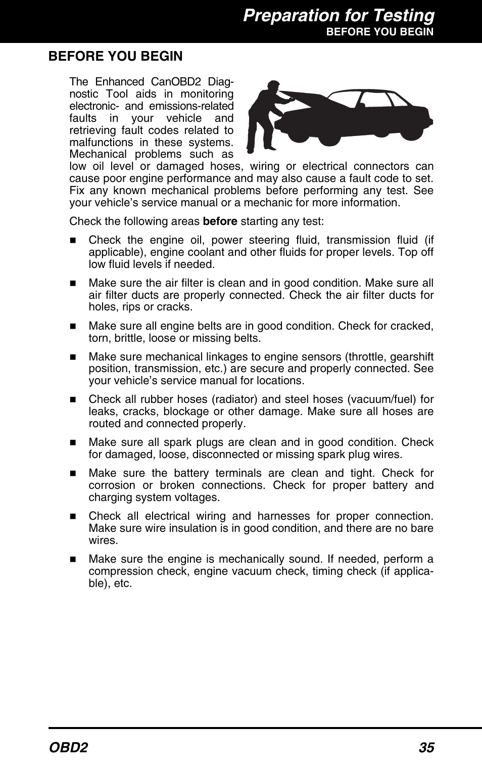 Before you begin, Preparation for testing, Obd2 35 | Equus 3100 - CanOBD2 Diagnostic Tool User Manual | Page 37 / 64