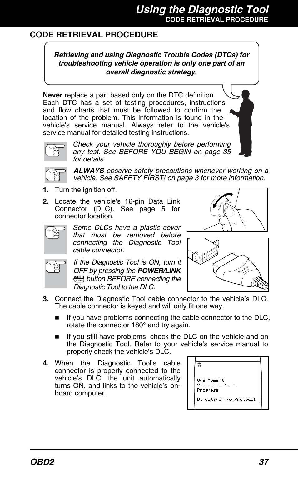 Code retrieval procedure, Using the diagnostic tool, Obd2 37 | Equus 3100 - CanOBD2 Diagnostic Tool User Manual | Page 39 / 64