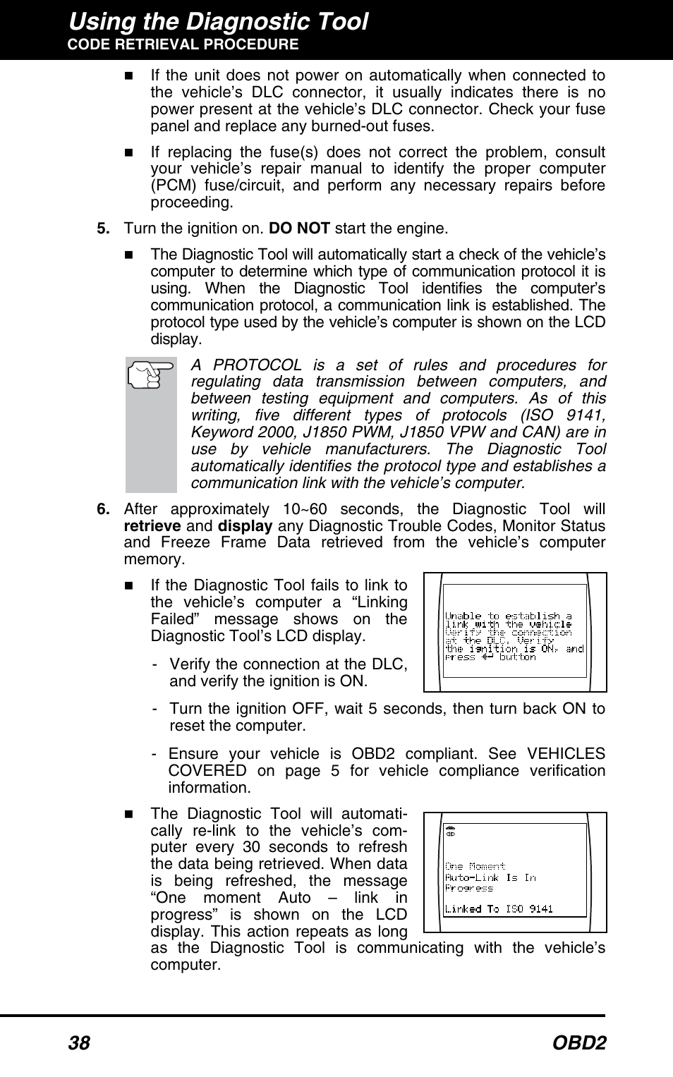 Using the diagnostic tool, 38 obd2 | Equus 3100 - CanOBD2 Diagnostic Tool User Manual | Page 40 / 64