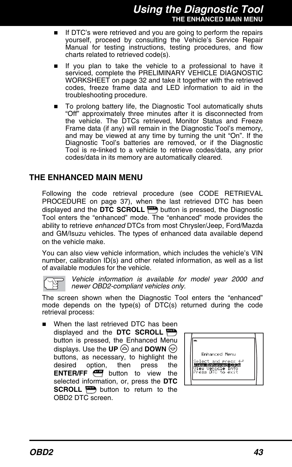 The enhanced main menu, Using the diagnostic tool, Obd2 43 | Equus 3100 - CanOBD2 Diagnostic Tool User Manual | Page 45 / 64