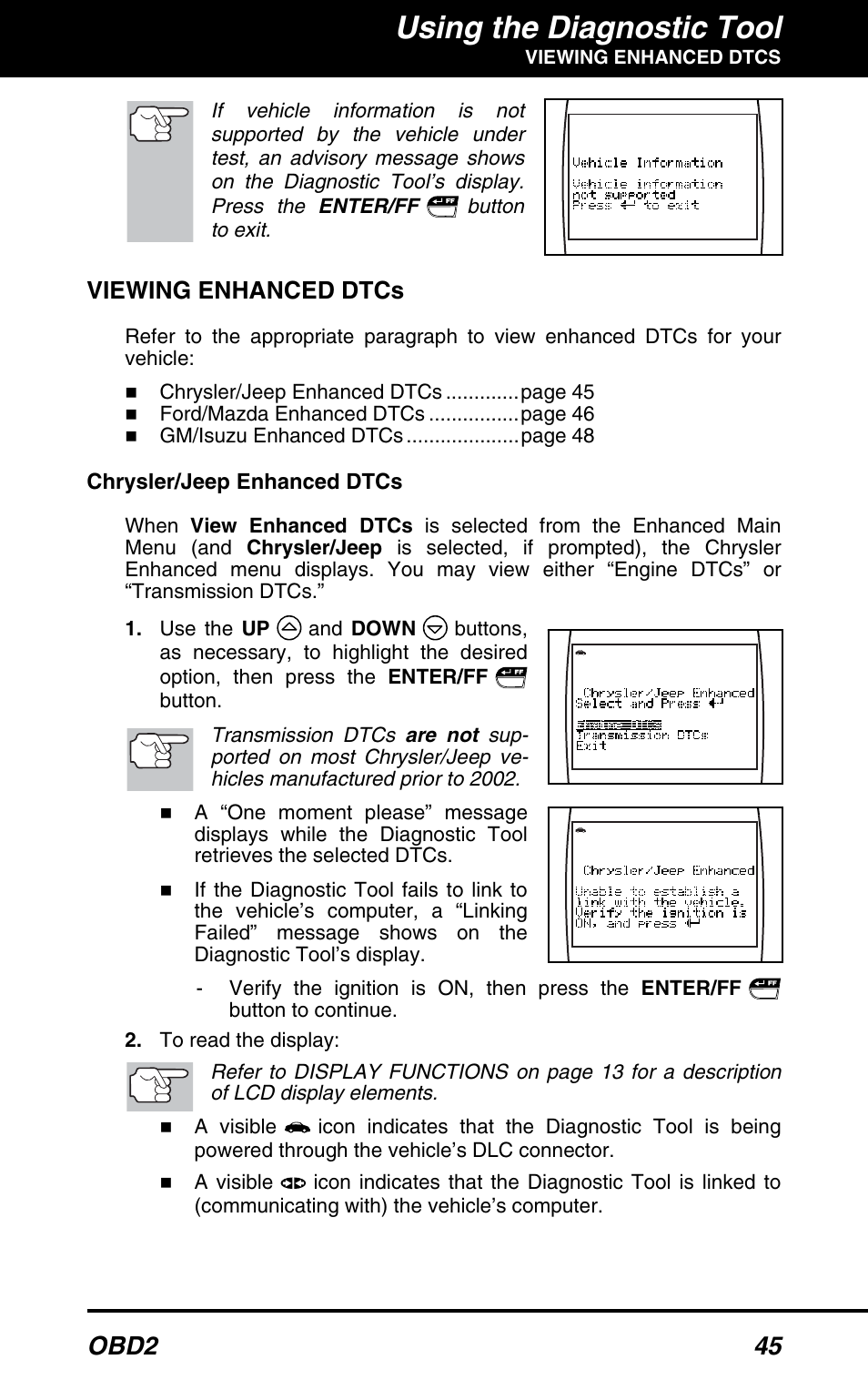 Viewing enhanced dtcs, Using the diagnostic tool, Obd2 45 | Equus 3100 - CanOBD2 Diagnostic Tool User Manual | Page 47 / 64