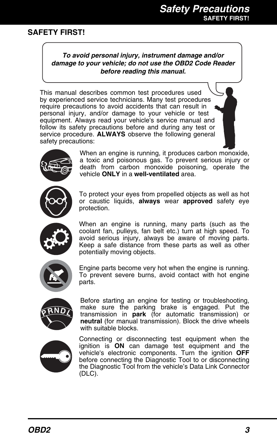 Safety first, Safety precautions, Obd2 3 | Equus 3100 - CanOBD2 Diagnostic Tool User Manual | Page 5 / 64