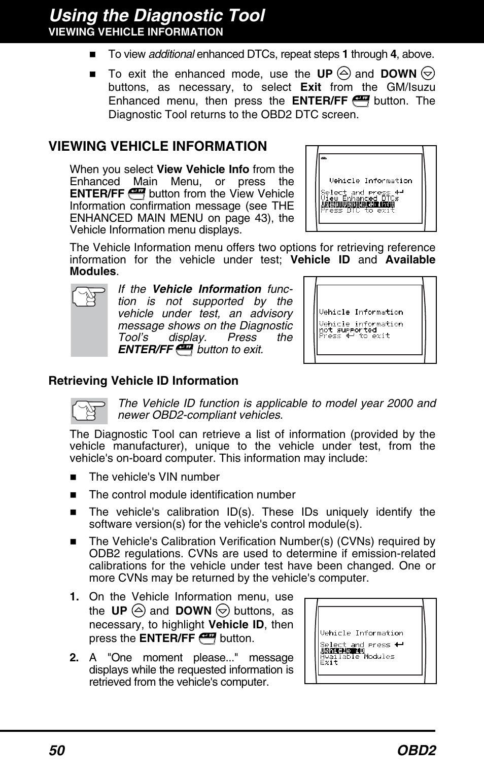 Viewing vehicle information, Ee viewing vehicle information, Using the diagnostic tool | 50 obd2 | Equus 3100 - CanOBD2 Diagnostic Tool User Manual | Page 52 / 64