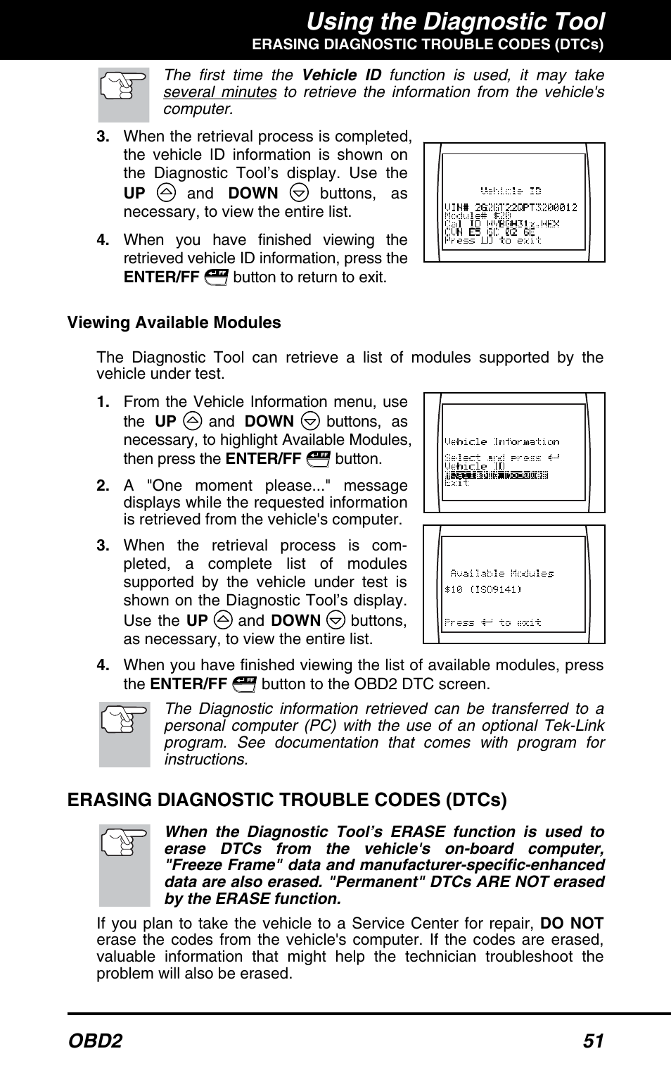 Erasing diagnostic trouble codes (dtcs), Using the diagnostic tool, Obd2 51 | Equus 3100 - CanOBD2 Diagnostic Tool User Manual | Page 53 / 64