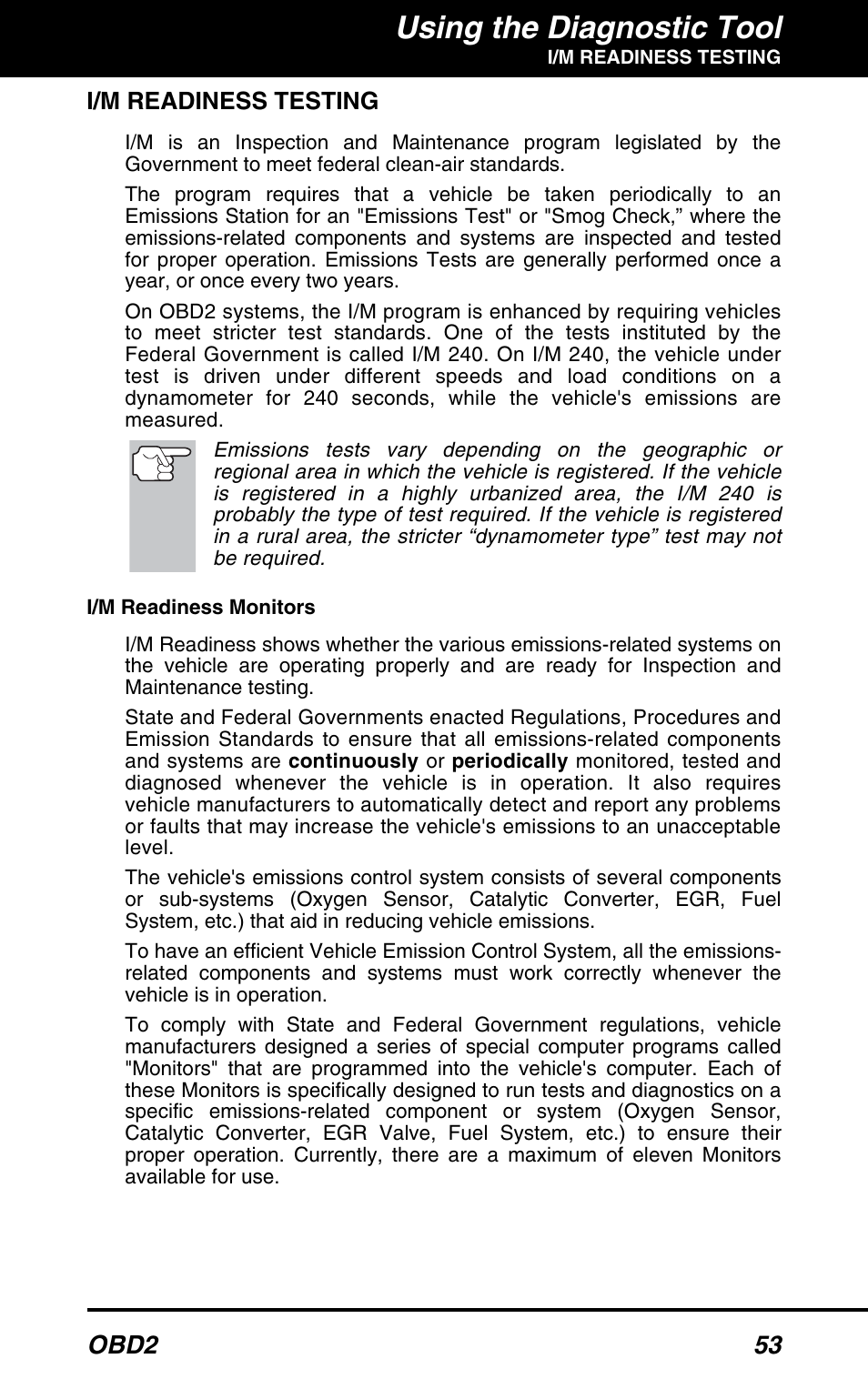 I/m readiness testing, Using the diagnostic tool, Obd2 53 | Equus 3100 - CanOBD2 Diagnostic Tool User Manual | Page 55 / 64