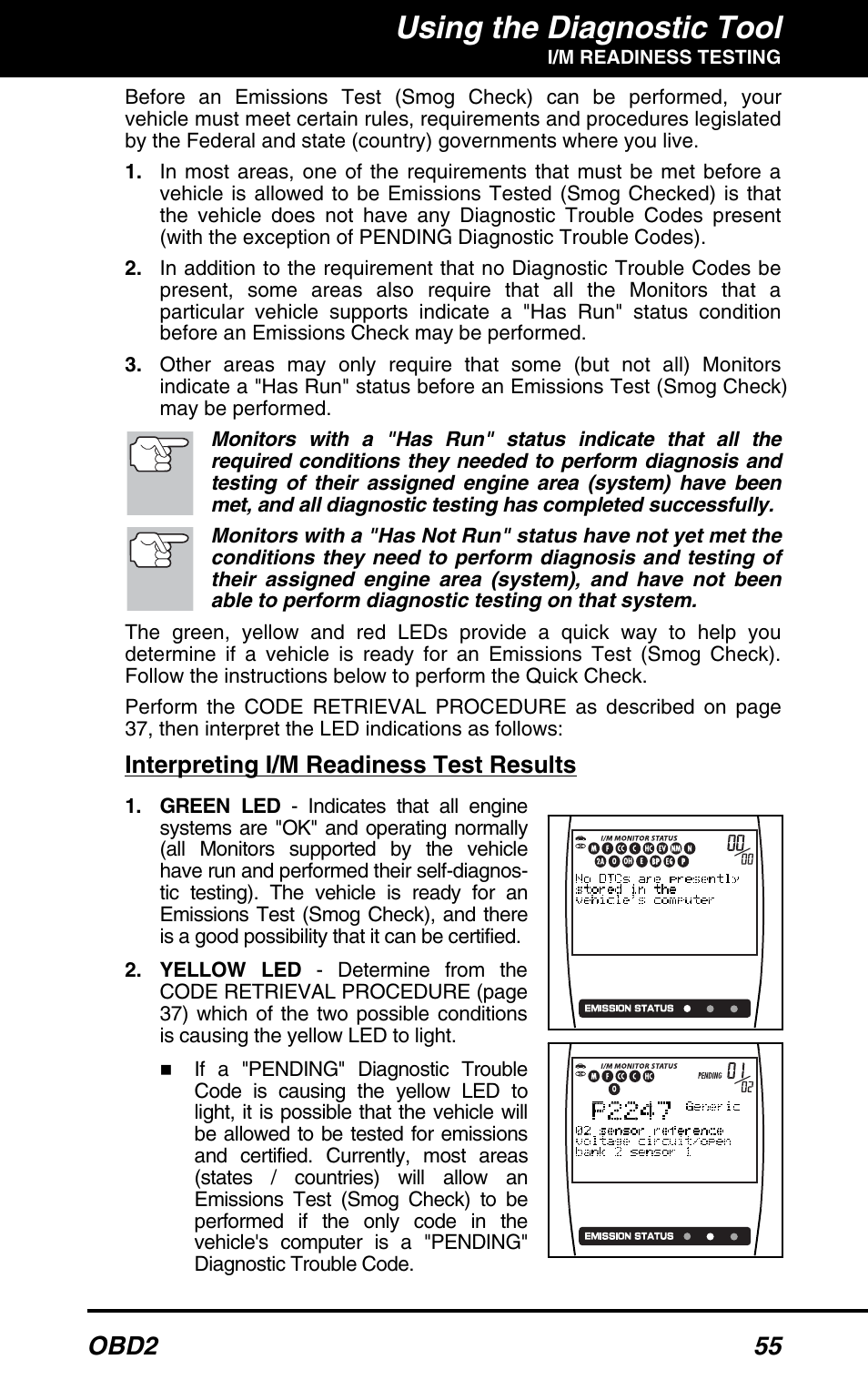 Using the diagnostic tool, Obd2 55, Interpreting i/m readiness test results | Equus 3100 - CanOBD2 Diagnostic Tool User Manual | Page 57 / 64