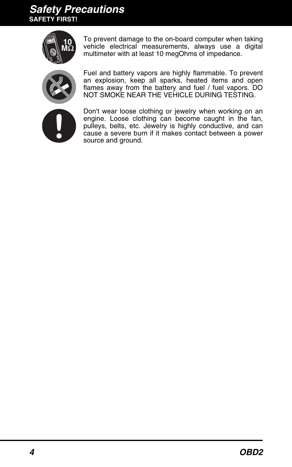 Safety precautions, 4 obd2 | Equus 3100 - CanOBD2 Diagnostic Tool User Manual | Page 6 / 64