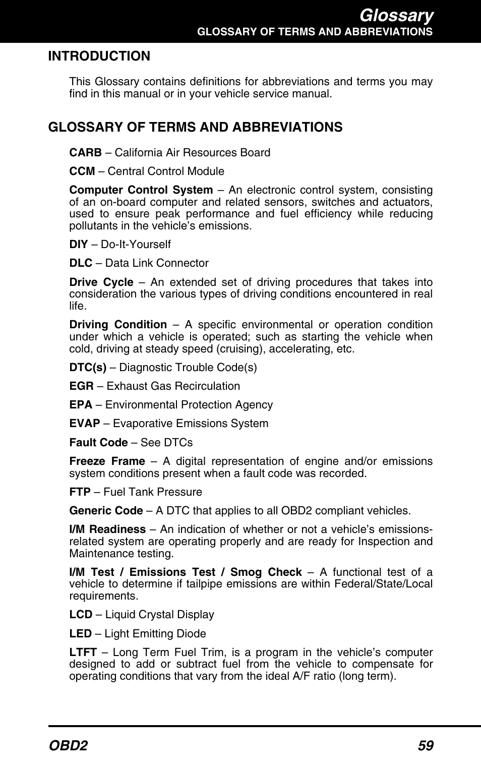Introduction, 59 glossary of terms and abbreviations, Glossary | Obd2 59, Glossary of terms and abbreviations | Equus 3100 - CanOBD2 Diagnostic Tool User Manual | Page 61 / 64