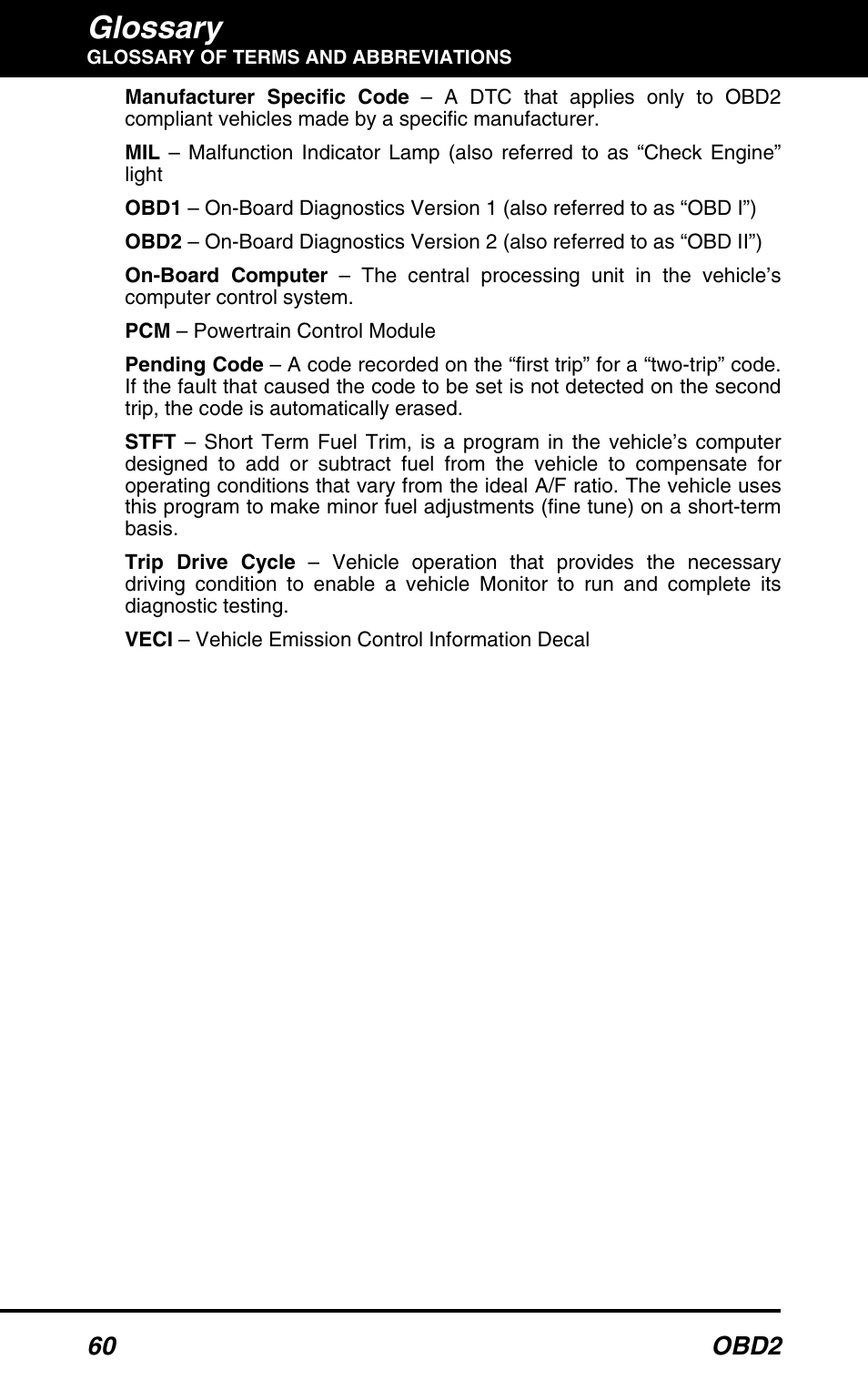 Glossary, 60 obd2 | Equus 3100 - CanOBD2 Diagnostic Tool User Manual | Page 62 / 64