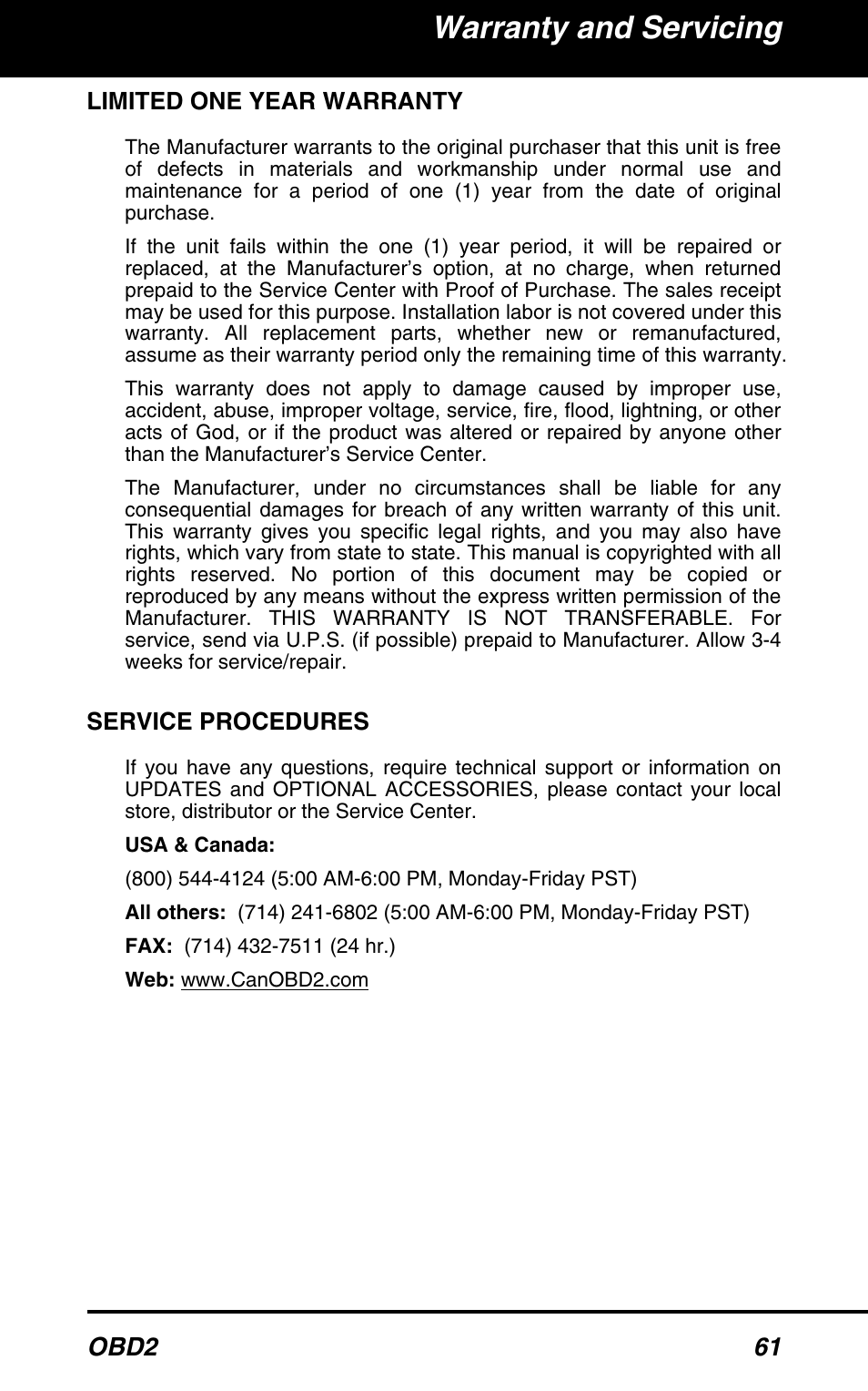 Limited one year warranty, 61 service procedures, Warranty and servicing | Obd2 61, Service procedures | Equus 3100 - CanOBD2 Diagnostic Tool User Manual | Page 63 / 64
