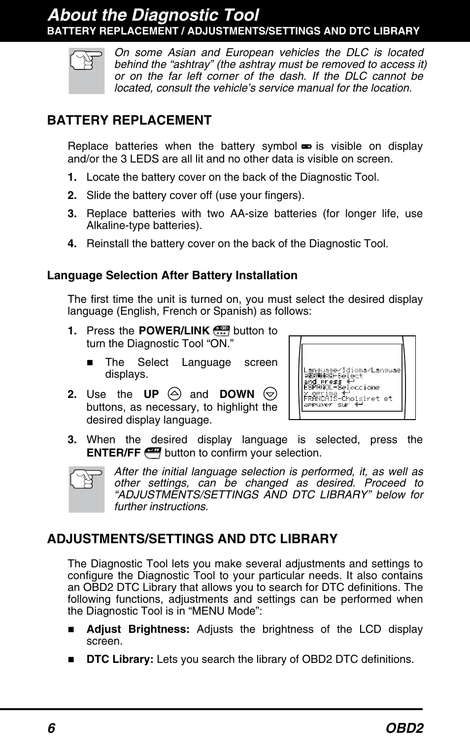 Battery replacement, Adjustments/settings and dtc library, About the diagnostic tool | 6 obd2 | Equus 3100 - CanOBD2 Diagnostic Tool User Manual | Page 8 / 64