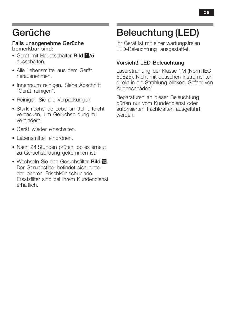 Gerüche, Beleuchtung (led) | Siemens K125F User Manual | Page 19 / 105