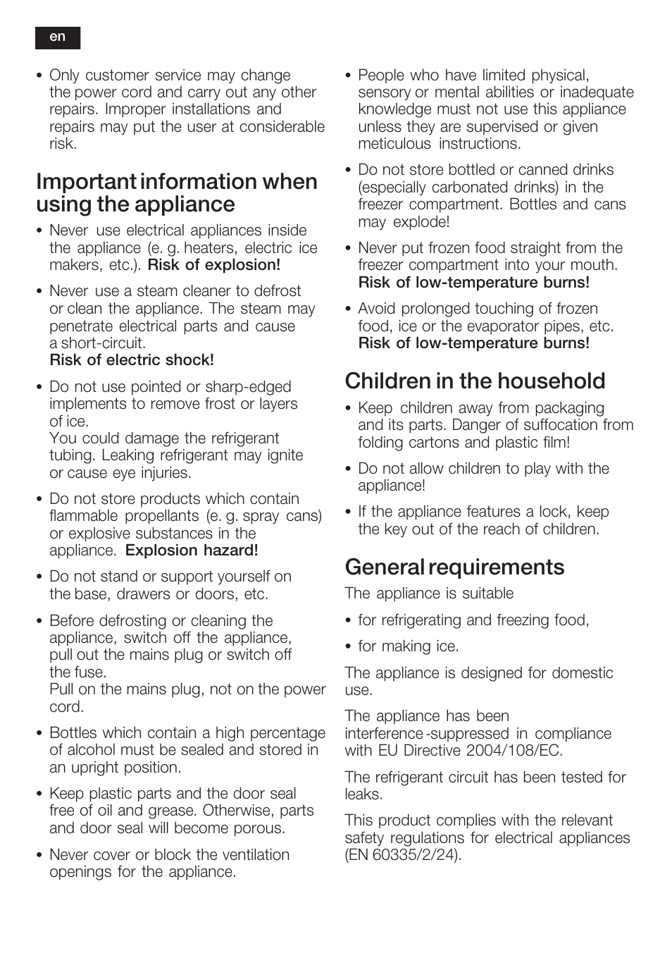 Important information when using the appliance, Children in the household, General requirements | Siemens K125F User Manual | Page 24 / 105