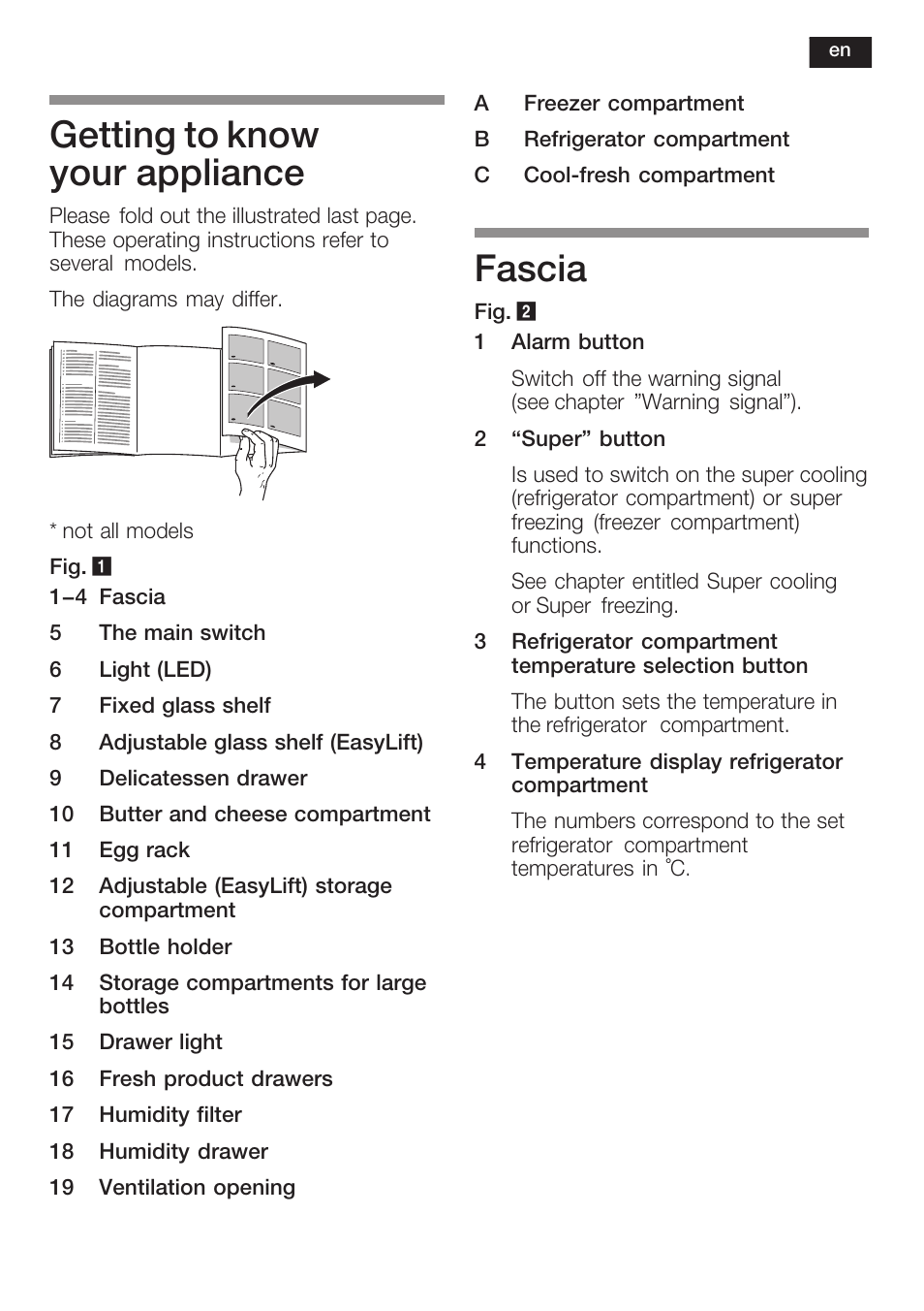 Getting to know your appliance, Fascia | Siemens K125F User Manual | Page 25 / 105