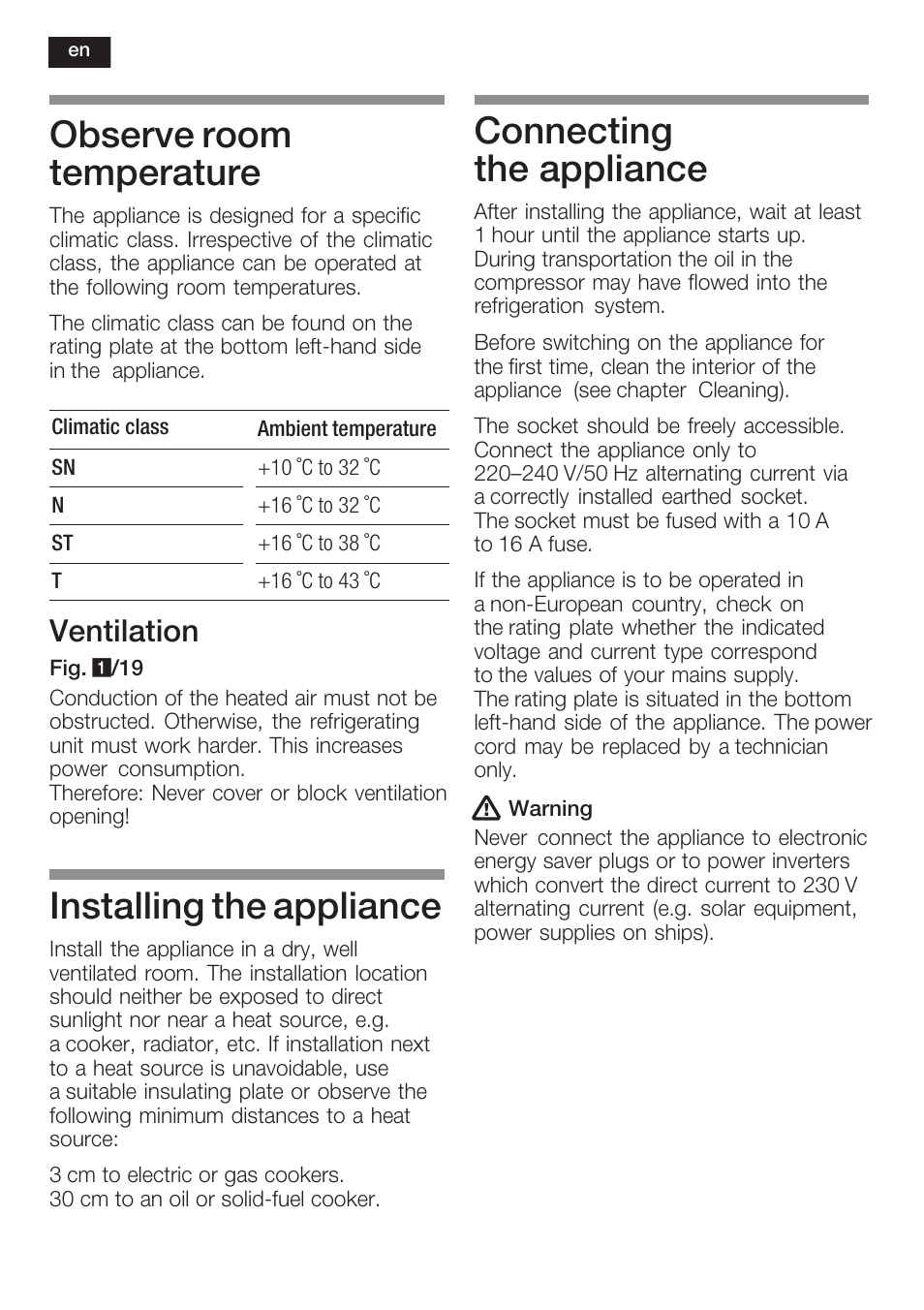 Observe room temperature, Installing the appliance, Connecting the appliance | Ventilation | Siemens K125F User Manual | Page 26 / 105