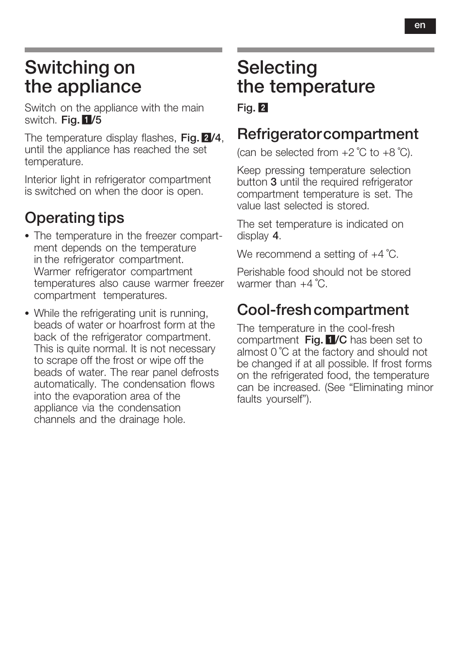 Switching on the appliance, Selecting the temperature, Operating tips | Refrigerator compartment, Coolćfresh compartment | Siemens K125F User Manual | Page 27 / 105