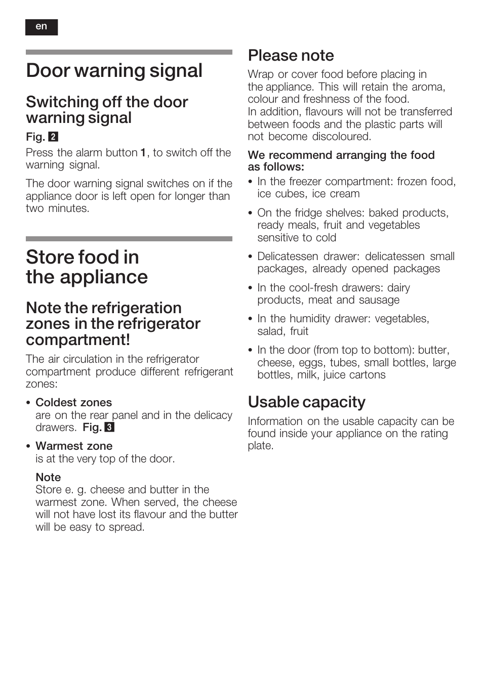 Door warning signal, Store food in the appliance, Switching off the door warning signal | Usable capacity | Siemens K125F User Manual | Page 28 / 105