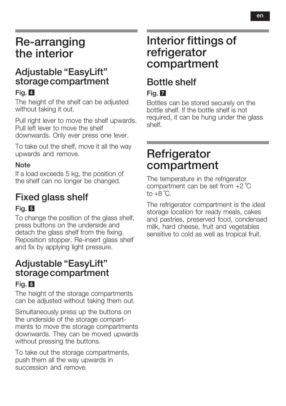 Rećarranging the interior, Interior fittings of refrigerator compartment, Refrigerator compartment | Adjustable easylift" storage compartment, Fixed glass shelf, Bottle shelf | Siemens K125F User Manual | Page 29 / 105