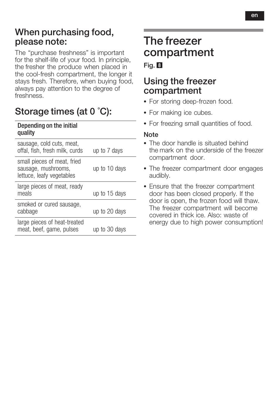 The freezer compartment, Storage times (at 0 °c), Using the freezer compartment | Siemens K125F User Manual | Page 31 / 105