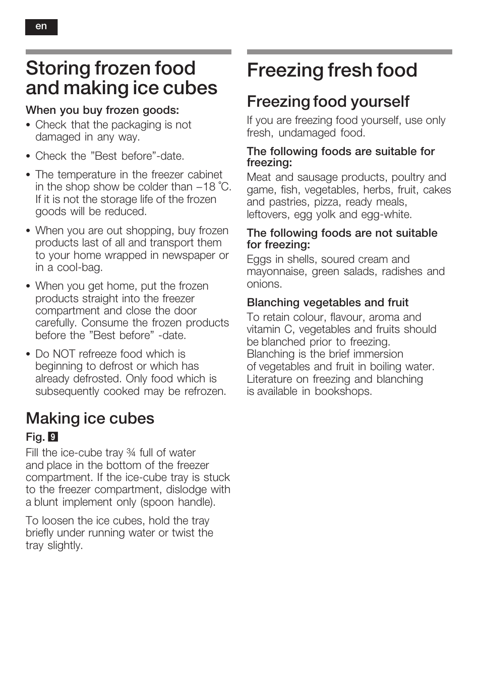 Storing frozen food and making ice cubes, Freezing fresh food, Making ice cubes | Freezing food yourself | Siemens K125F User Manual | Page 32 / 105