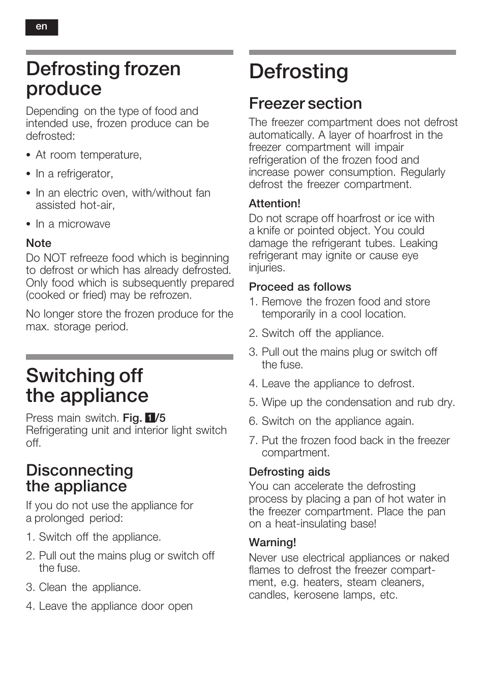 Defrosting, Defrosting frozen produce, Switching off the appliance | Disconnecting the appliance | Siemens K125F User Manual | Page 34 / 105