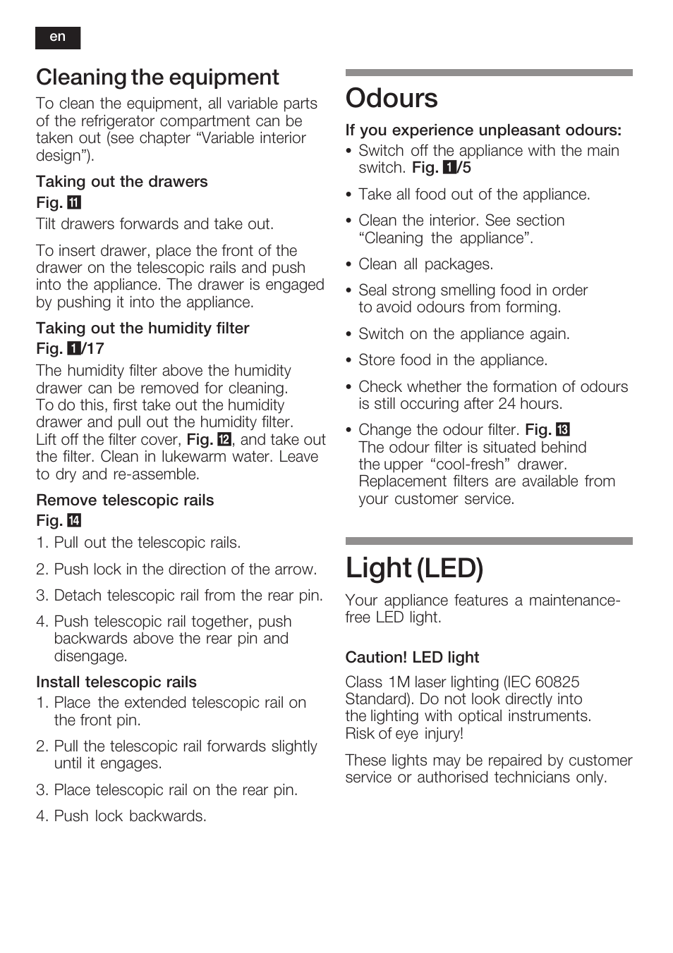 Light, Odours, Led) | Cleaning the equipment | Siemens K125F User Manual | Page 36 / 105