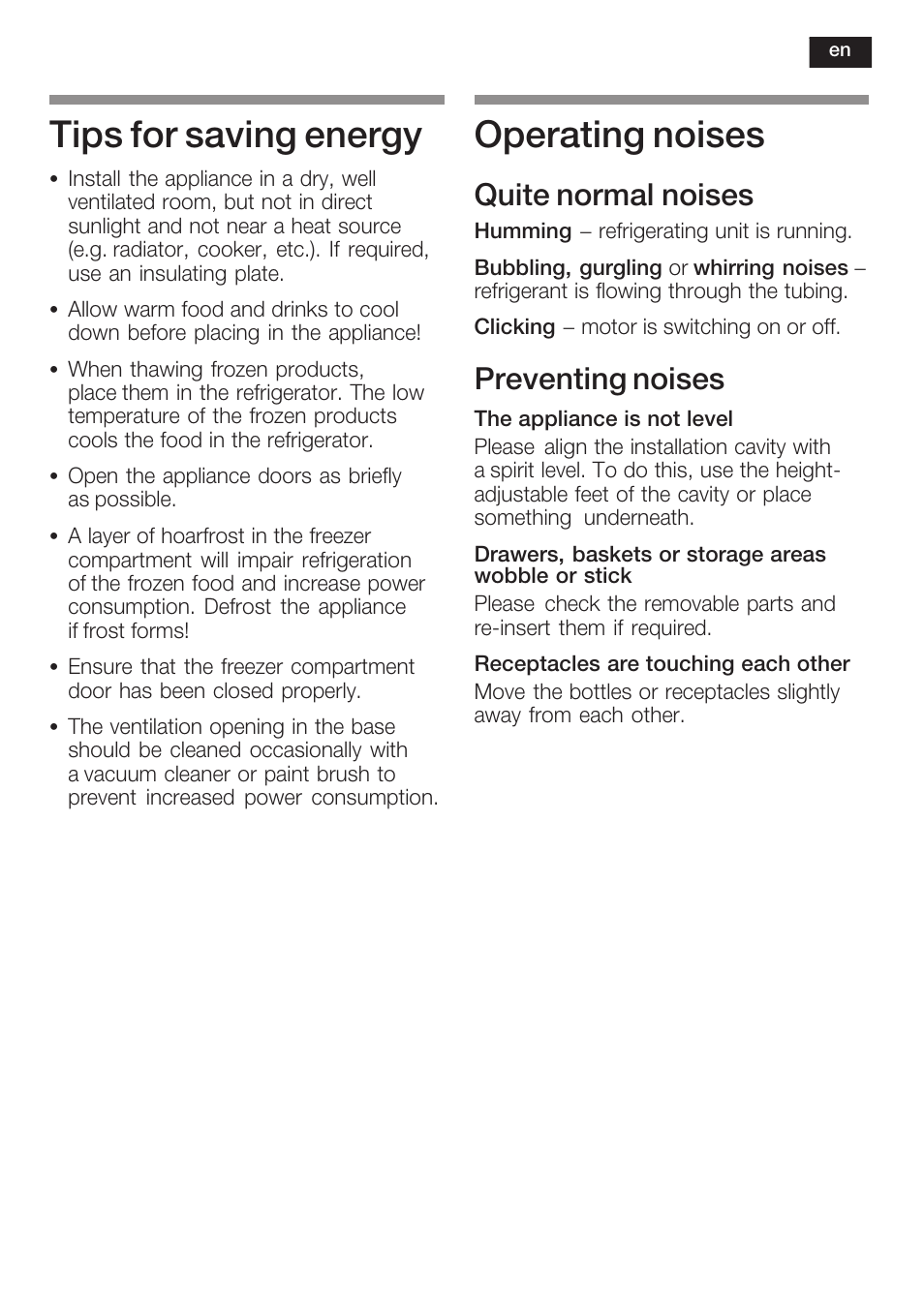 Tips for saving energy, Operating noises, Quite normal noises | Preventing noises | Siemens K125F User Manual | Page 37 / 105