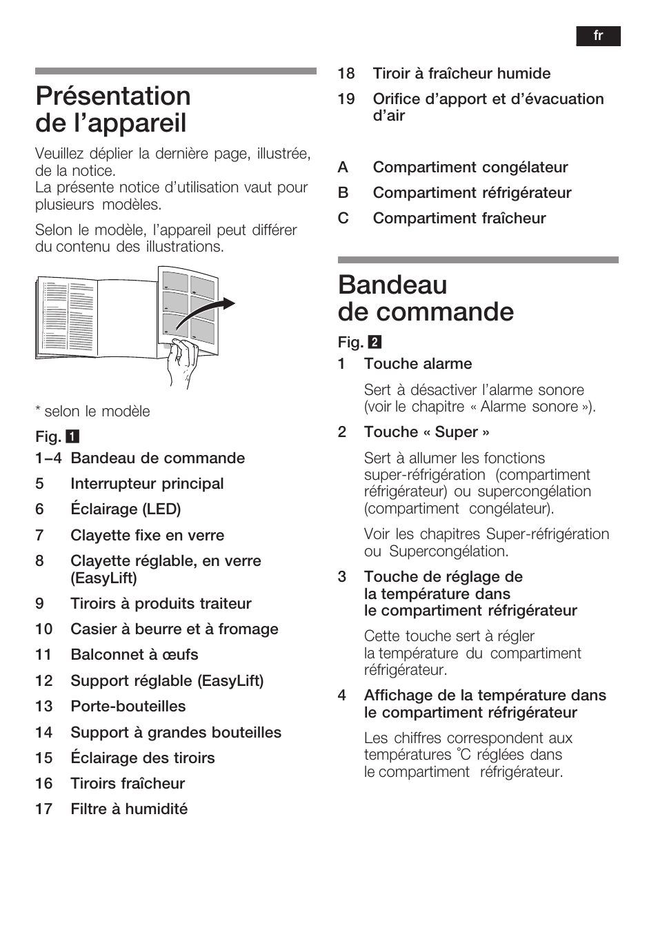 Présentation de l'appareil, Bandeau de commande | Siemens K125F User Manual | Page 43 / 105