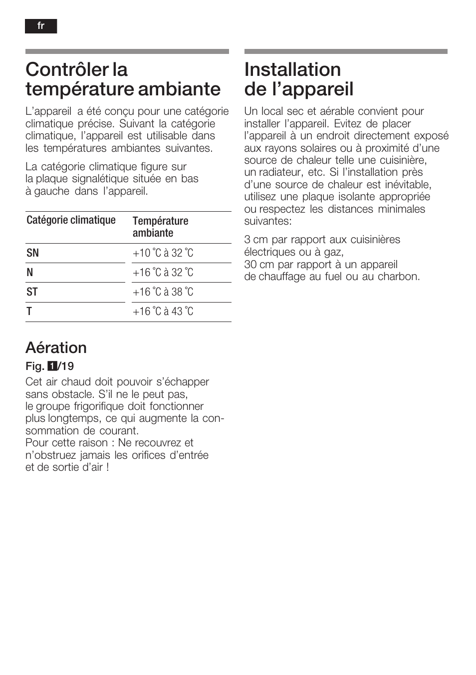 Contrôler la température ambiante, Installation de l'appareil, Aération | Siemens K125F User Manual | Page 44 / 105