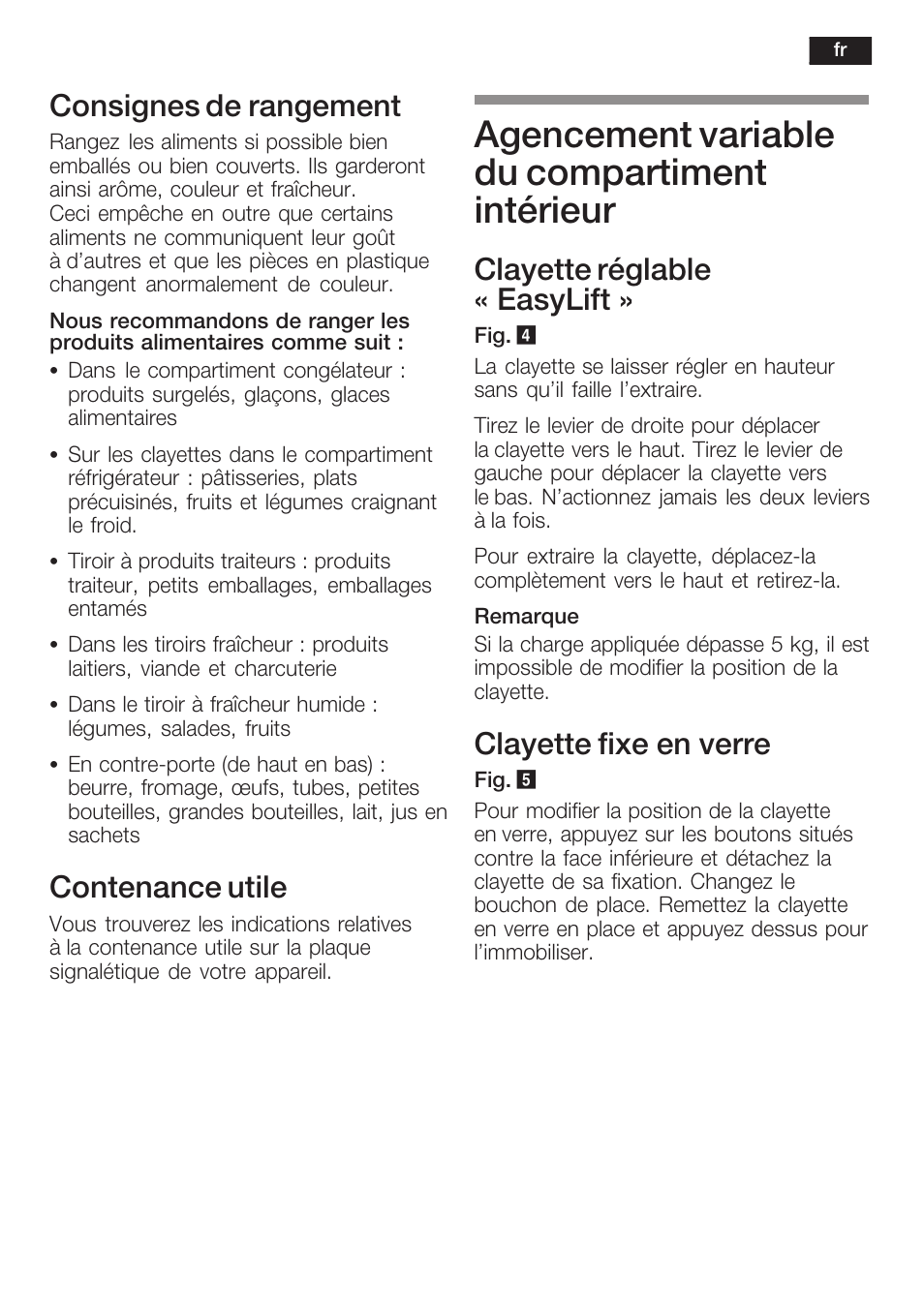 Agencement variable du compartiment intérieur, Consignes de rangement, Contenance utile | Clayette réglable « easylift, Clayette fixe en verre | Siemens K125F User Manual | Page 47 / 105